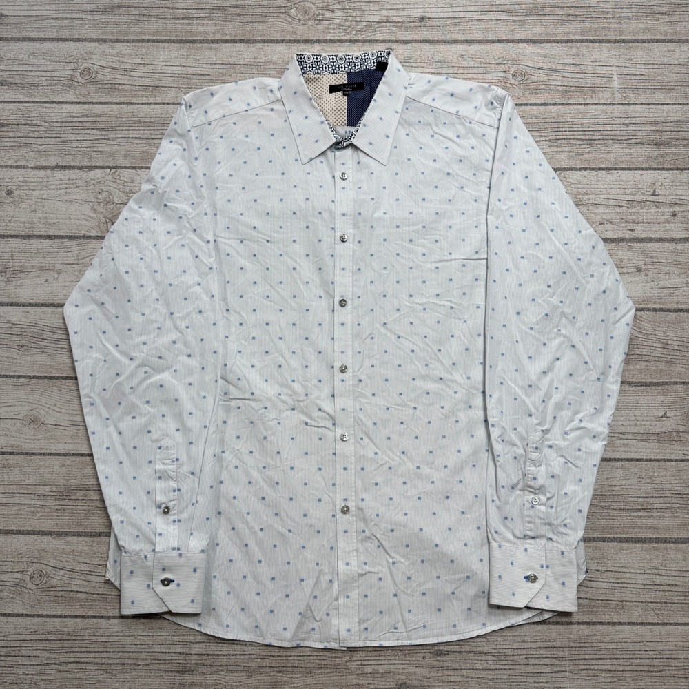 Ted Baker Dress Shirt Men's 17.5 White Blue Geometric Button Down Long Sleeve